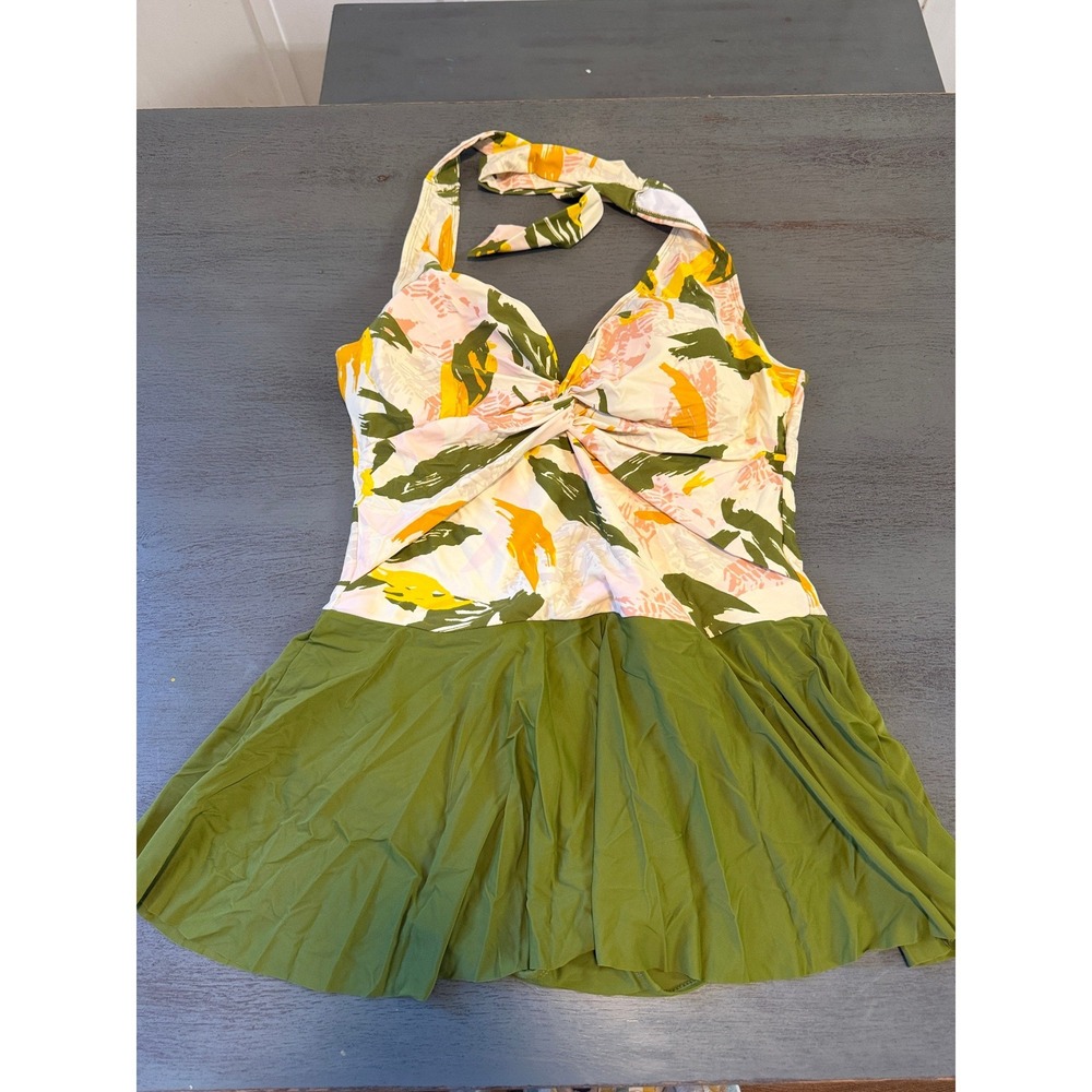 Floral Halter One-Piece Swim Dress in Olive Green